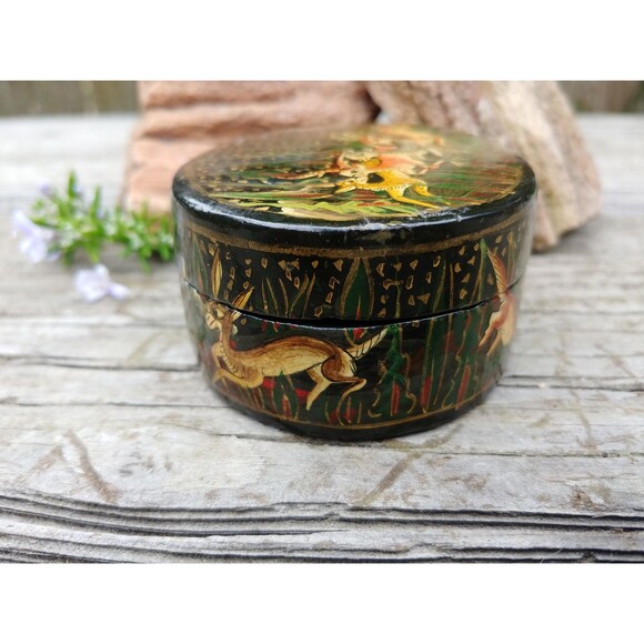 Vintage Kashmir Painted Jewelry Box, India Folk Art Collectable - Picture 7 of 10